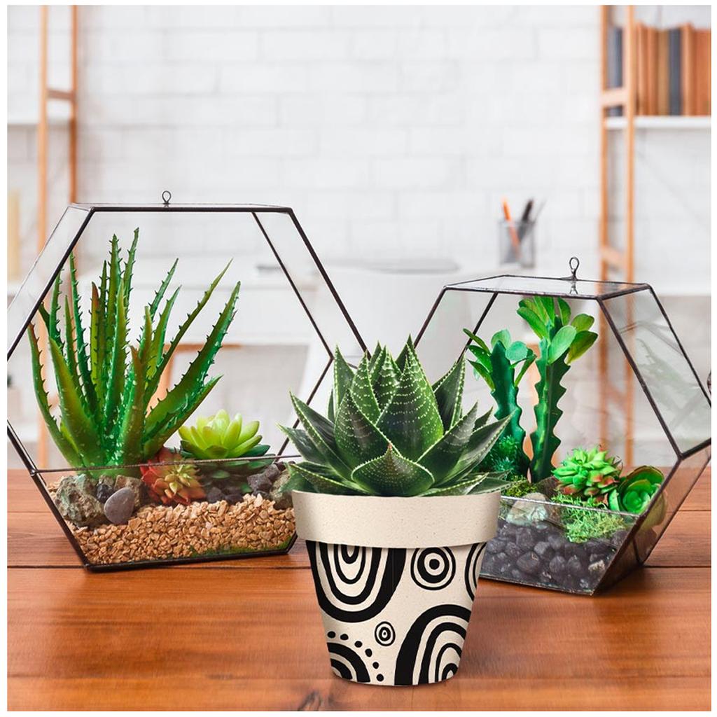 Les Trésors De Lily [R6624] - Black Beige 'Boho' Bamboo Planter - 14x12 Cm (circles)