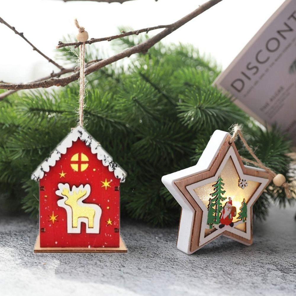 Red/wood Glowing Log Cabin Angle Elk Santa Claus Christmas Tree Decorations  Kids Gifts