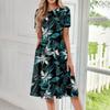 Women's Fashionable Print Round Neck Loose Short Sleeved Pocket Pullover Dress