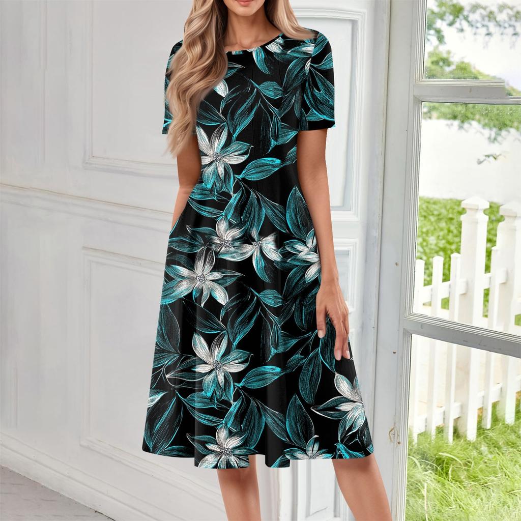 Women's Fashionable Print Round Neck Loose Short Sleeved Pocket Pullover Dress