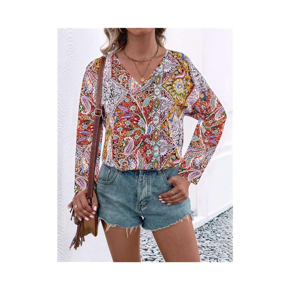 Women'S Bohemian Print V-Neck Long Sleeve Casual Blouses Shirts 5-Mixed Colors XL