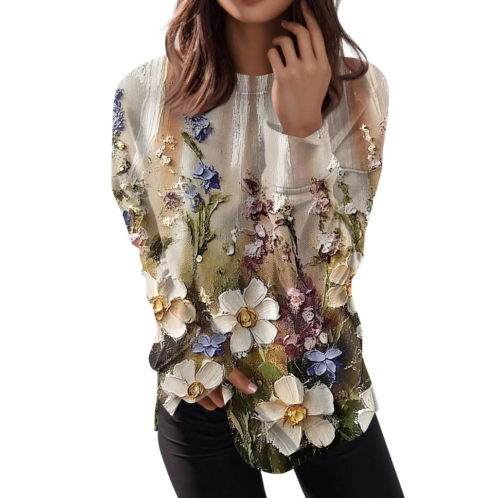 Women's Fashion Casual Long Sleeve Floral Print Round Neck Top