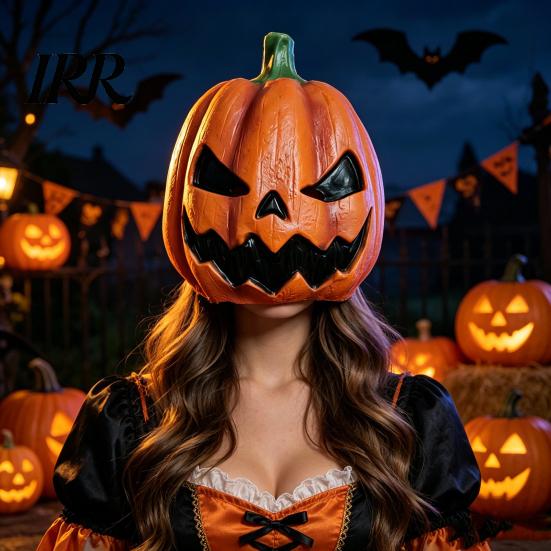 Detailed Pumpkin Costume Mask Halloween Mask, Latex Full Head with Realistic Texture, Scary Cosplay Prop for Party Night, Breathable Eye Mouth Holes,