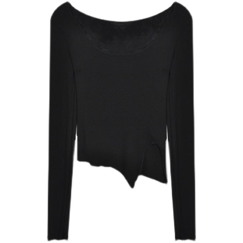 Женская серая футболка с длинным рукавом на осень - 2025 Tight Fit Short Design Top