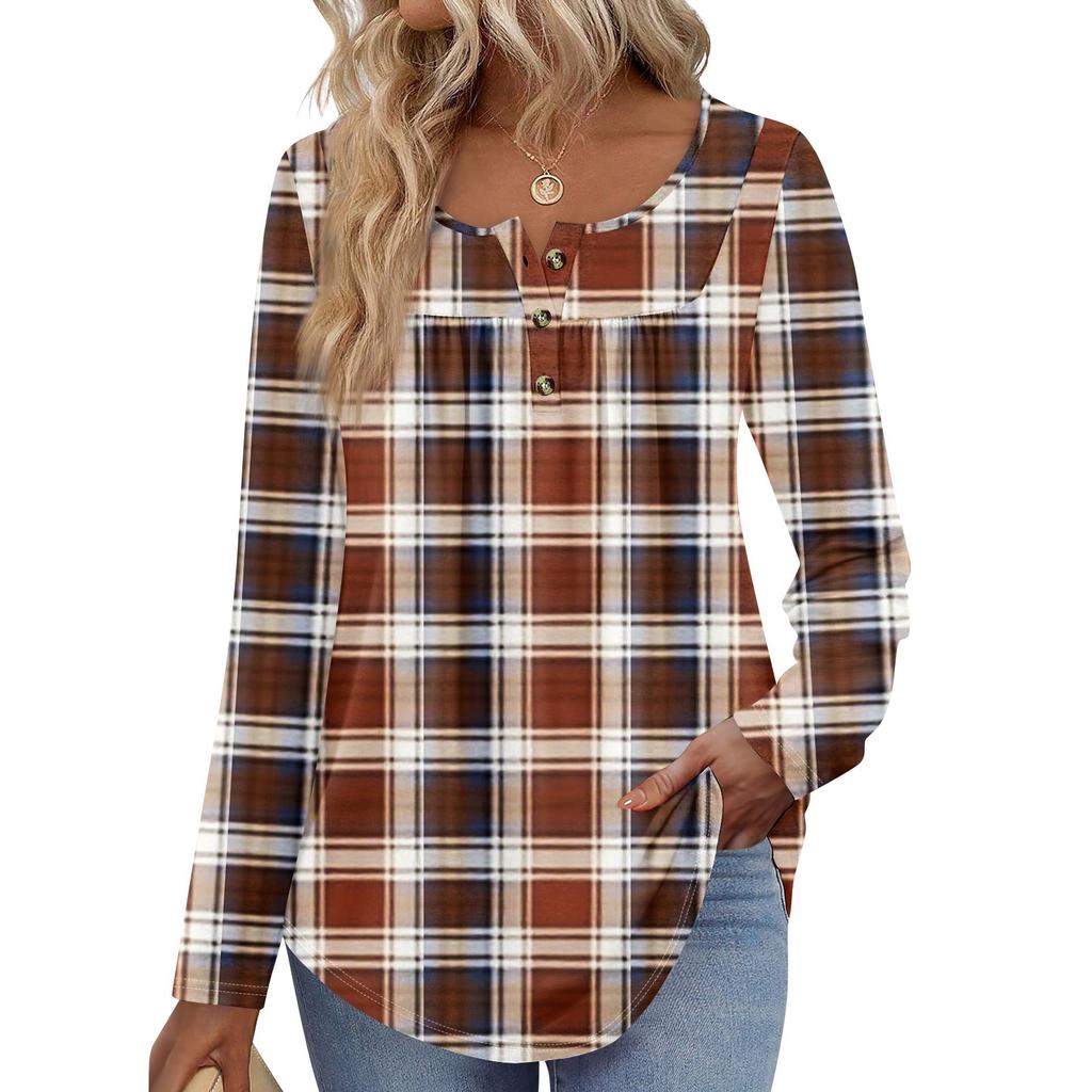 Женская туника с длинным рукавом, свободные топы, повседневные топы оверсайз, плиссированная туника, застегивающаяся на пуговицы, повседневные женские топы с принтом