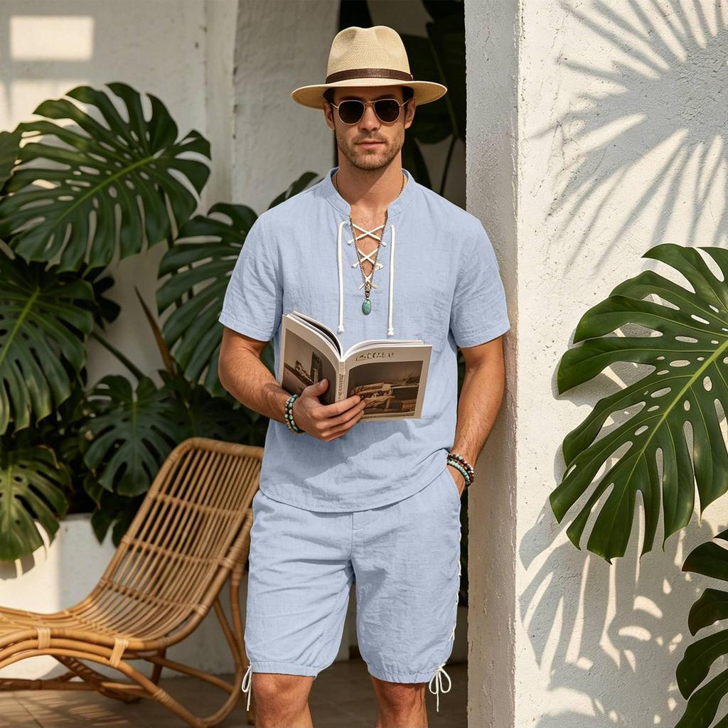 Men's European-American Linen Drawstring Short-Sleeve Shirt & Shorts Set - Breathable Cotton Linen Beach Travel Outfit
