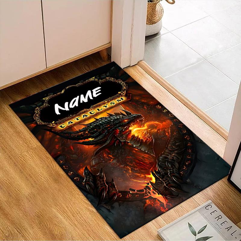 Custom Name Dragon's Fiery Warcraft Rug for Living Room, Game Rooms, Office, Bedroom, Floor Mat Playful Design, fan gifts Christmas decor