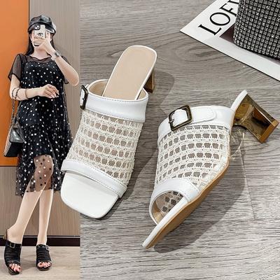 Женские плетеные шлепанцы с квадратным носком и толстым каблуком, летняя новая модная модель с ремешком и открытым носком