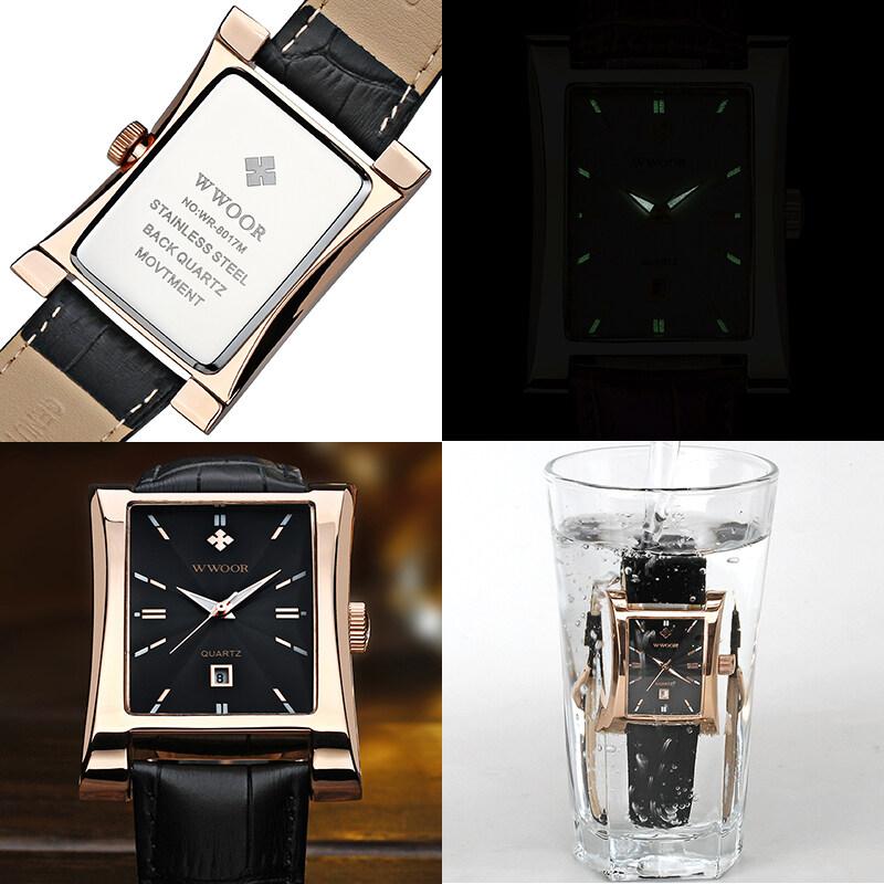 WWOOR Classic Fashion Mens Rectangle Watches Male Gold Brown Leather Quartz Waterproof Wrist Watch