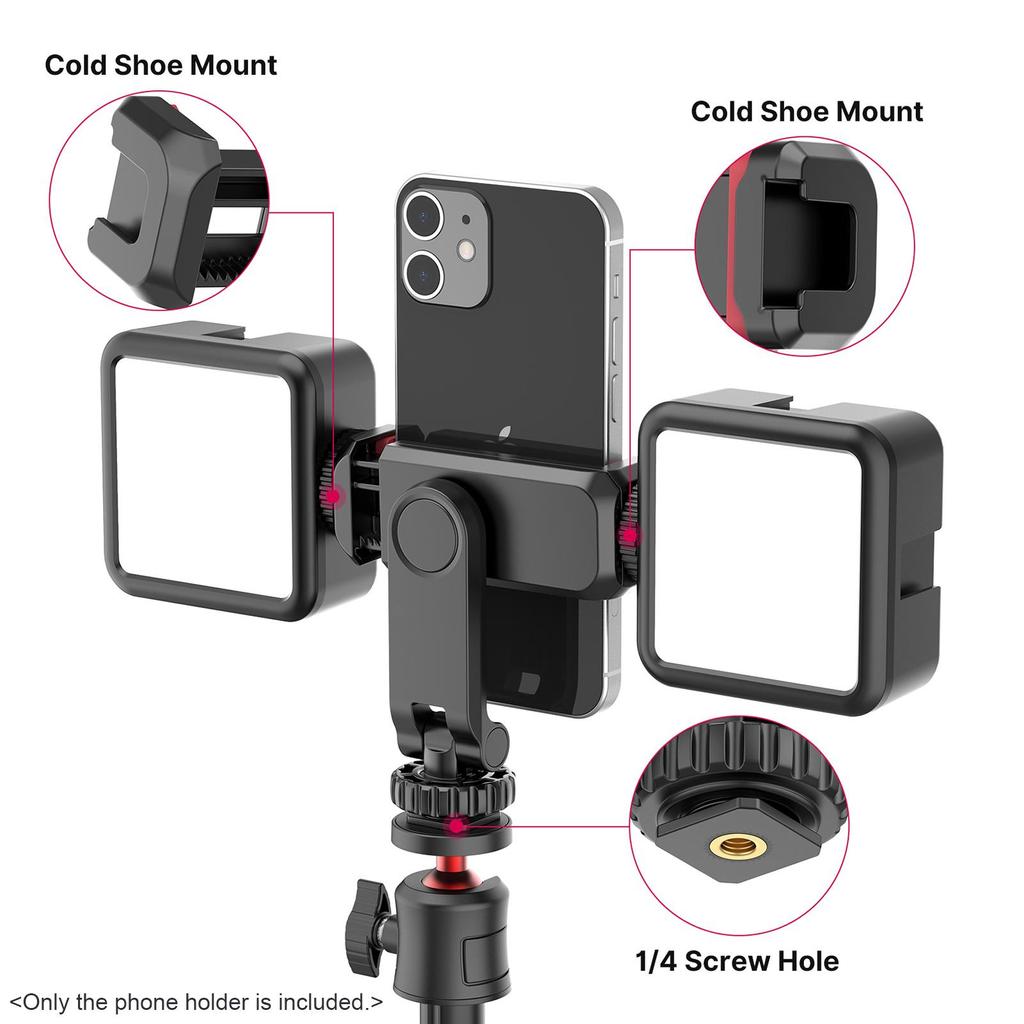 Multi-functional Phone Holder Clamp Phone Tripod Mount 360° Rotatable with Dual Cold Shoe Mounts for Smartphone Vlog
