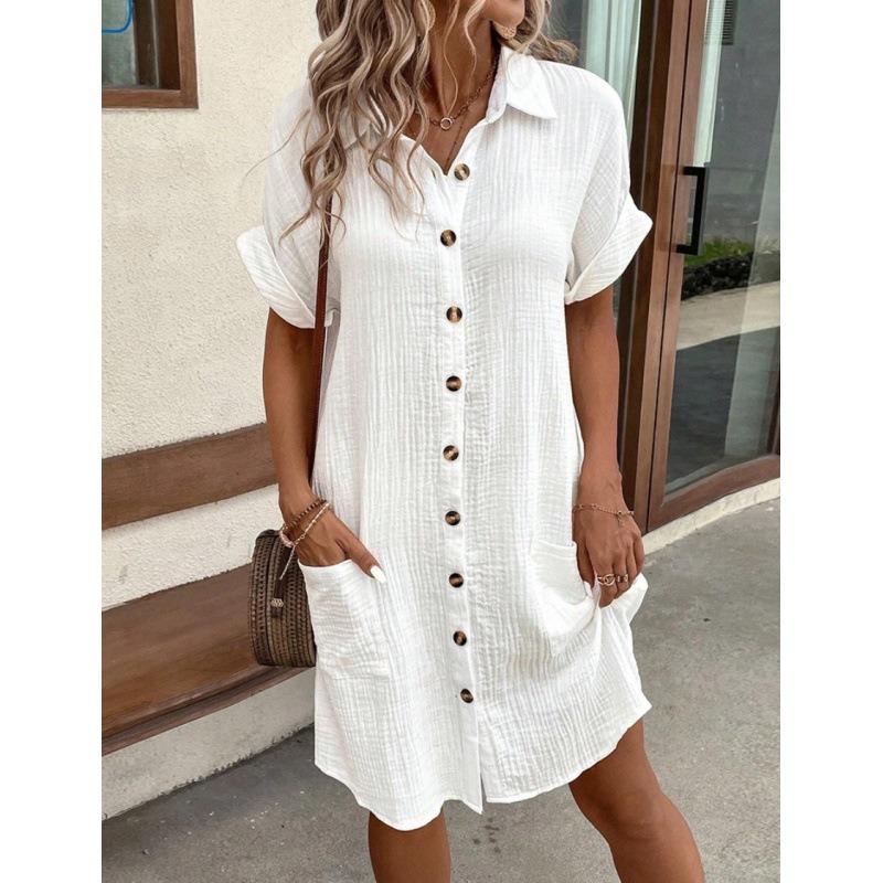 Fashion Short Sleeve Women Summer Shirt Dress New Elegant Lapel Loose Plus Size Simple Button Casual Party Dresses Single Breasted Women's Clothing