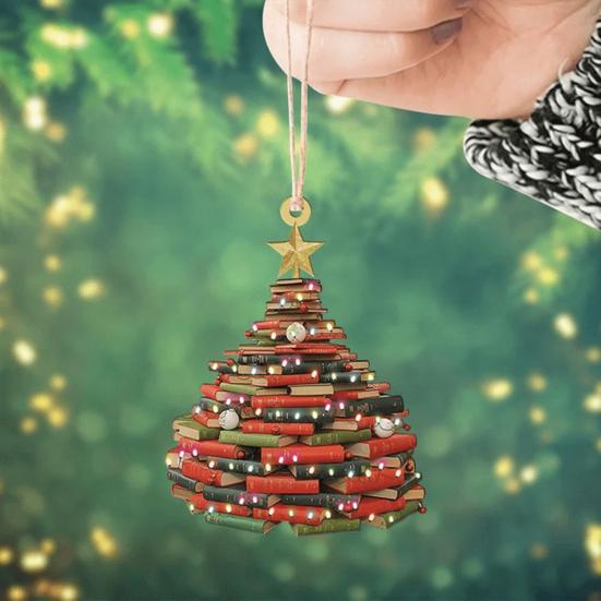Reading Vintage Book Christmas Ornament Acrylic Craft Colorful Stacked Book Hanging Ornament Christmas Tree Decorative Props Holiday Party Home