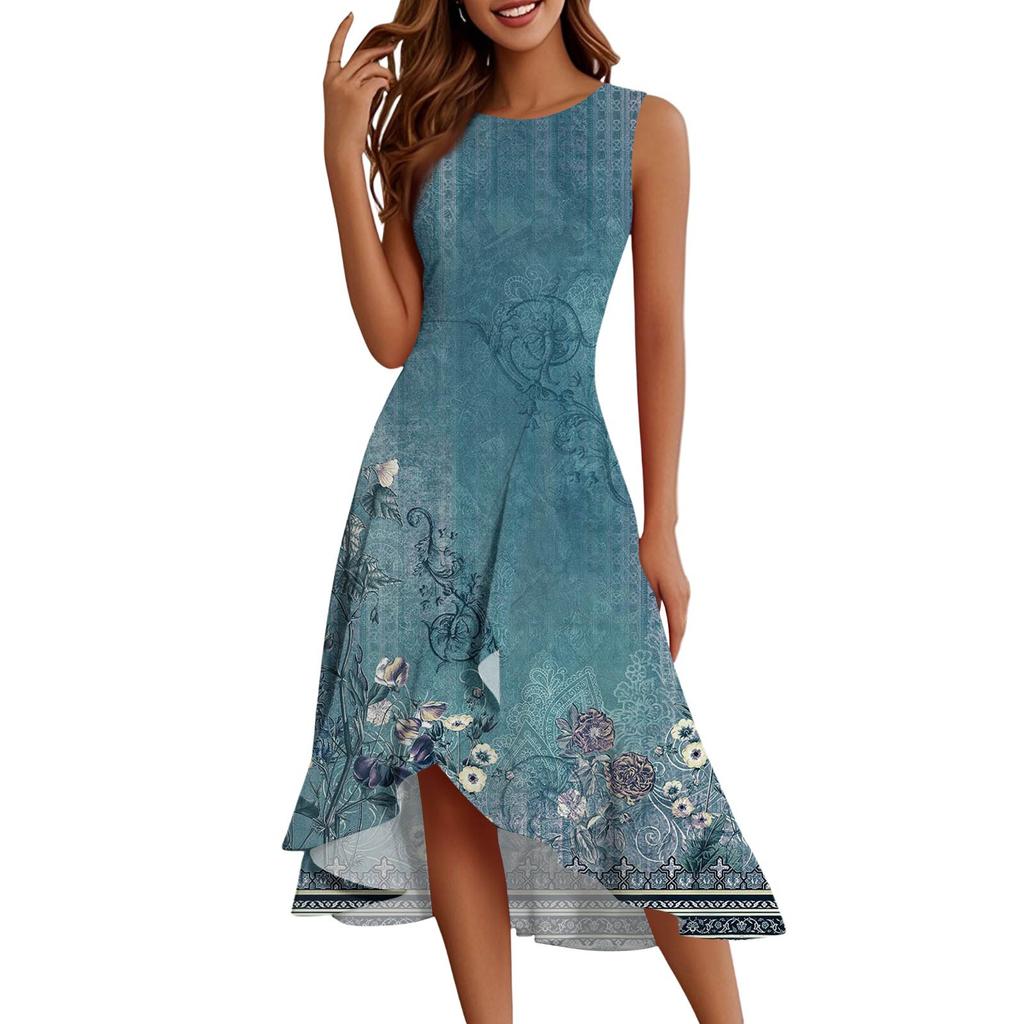 Женские модные повседневные платья без рукавов с круглым вырезом и принтом, элегантные, темпераментные, с оборками
