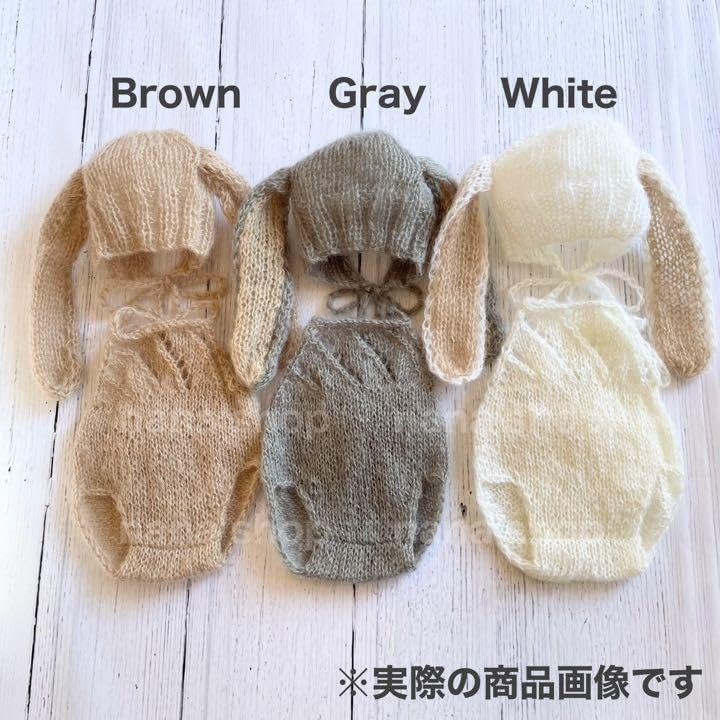 Bunny Ear Hat and Knitted Overalls for Newborn and Monthly Photoshoots [NANA's Shop] Photoshoots, Bonnet, (Gray)