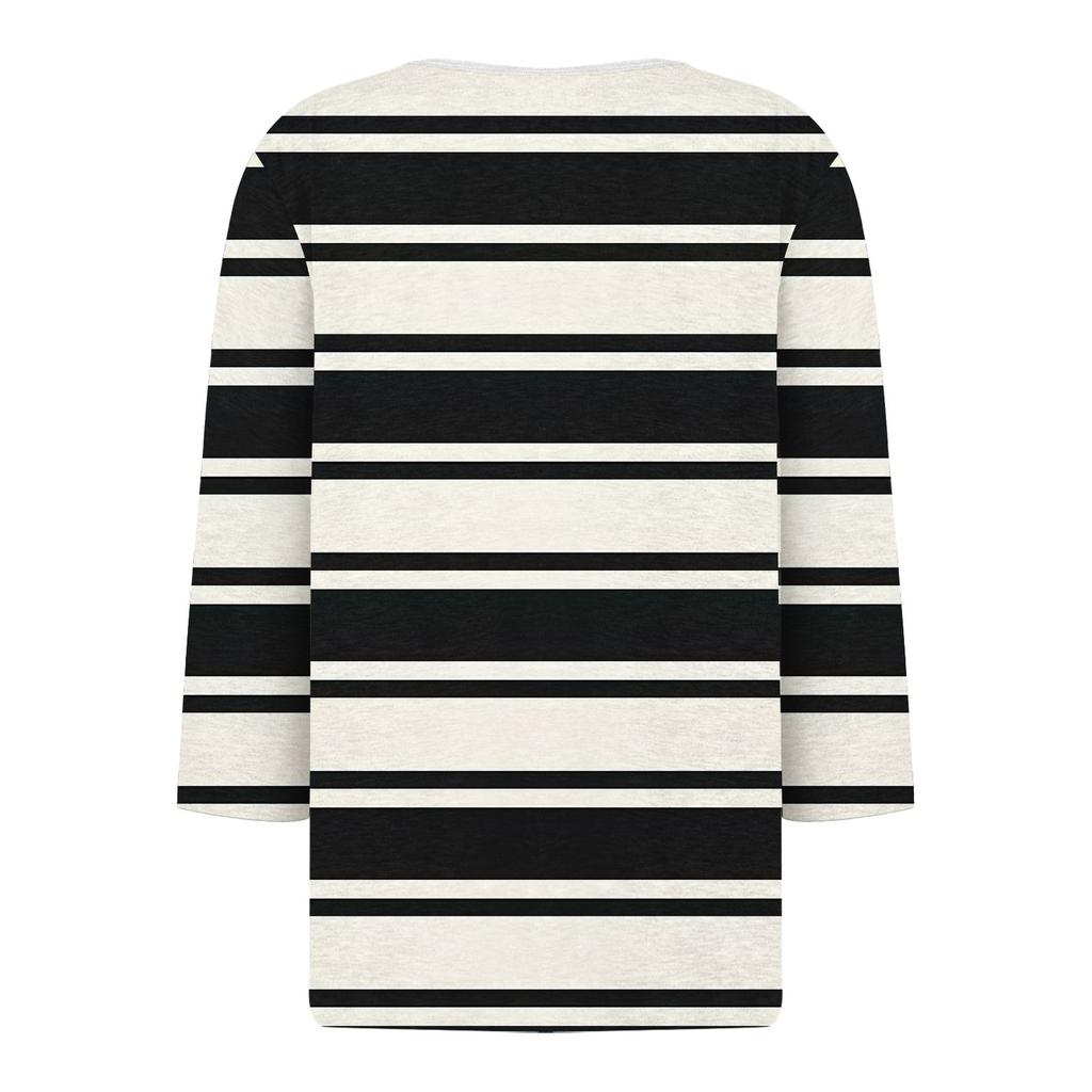 Women's Fashion Casual Striped Print V-Neck Decorative Button Three-quarter Sleeve T-Shirt Top