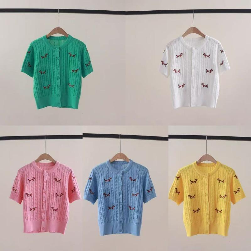 Летний женский дизайнерский свитер с круглым вырезом и коротким рукавом с вышивкой и рисунком, вязаный свитер с переплетением, кардиганы, топы для студенток колледжа