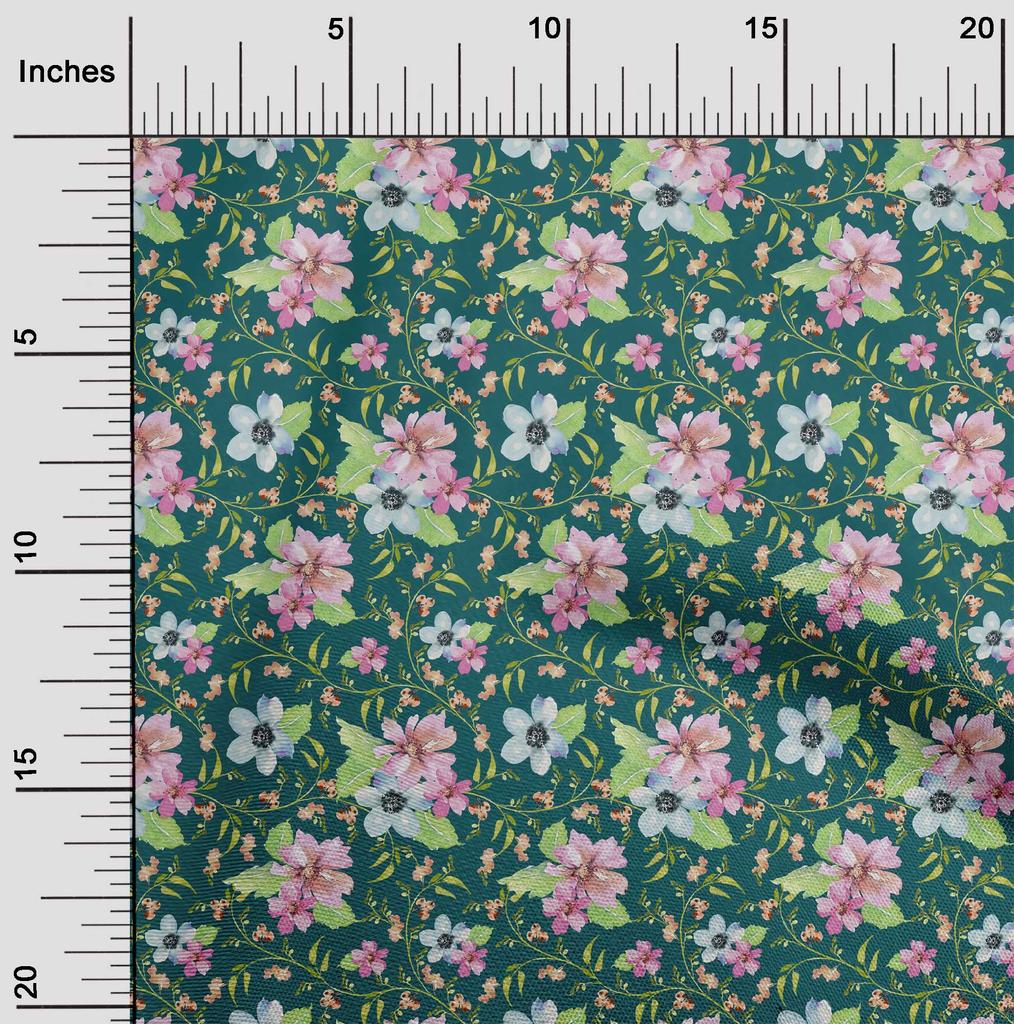 oneOone Cotton Flex Fabric Watercolor Leaves & Flower Floral Print Sewing Fabric BTY 40 Inch
