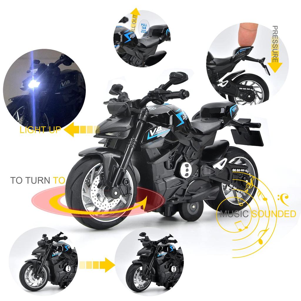1/12 Scale V4 Pull Back Motorcycle Toys,Motorcycle Model with Light and Music,Toy Motorcycles for Kids Age 3+ Year Old Christmas Party Supplies