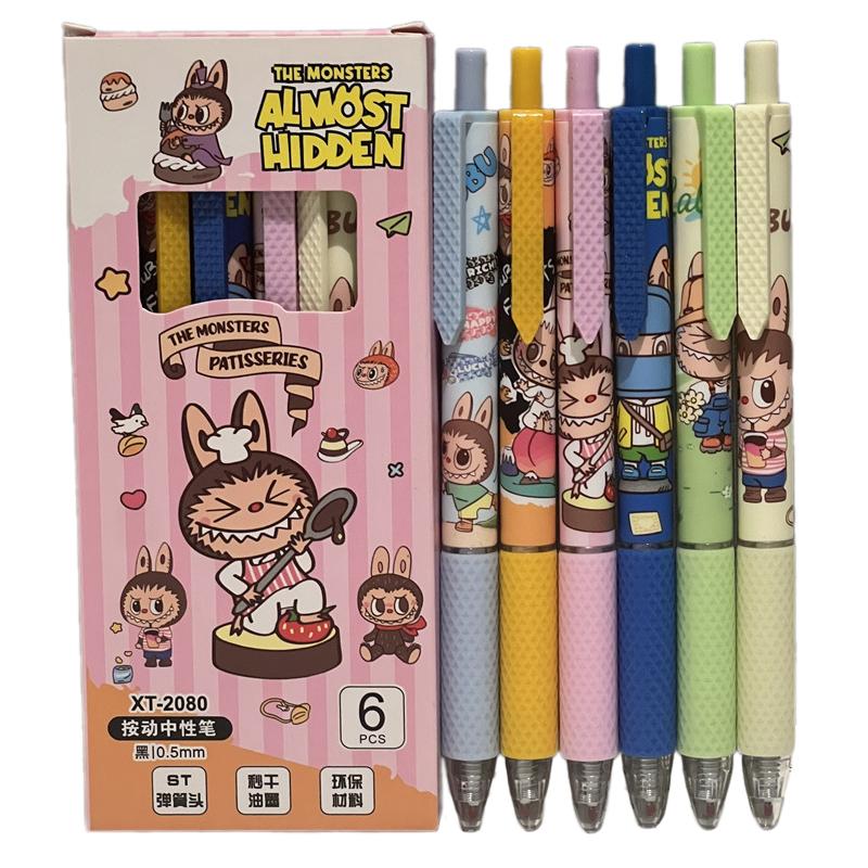 6Pcs Cute Cartoon Labubu Gel Pen Kawaii 0.5Mm Black Ink Press Pen School Supplies Girl&Child Stationery Gifts