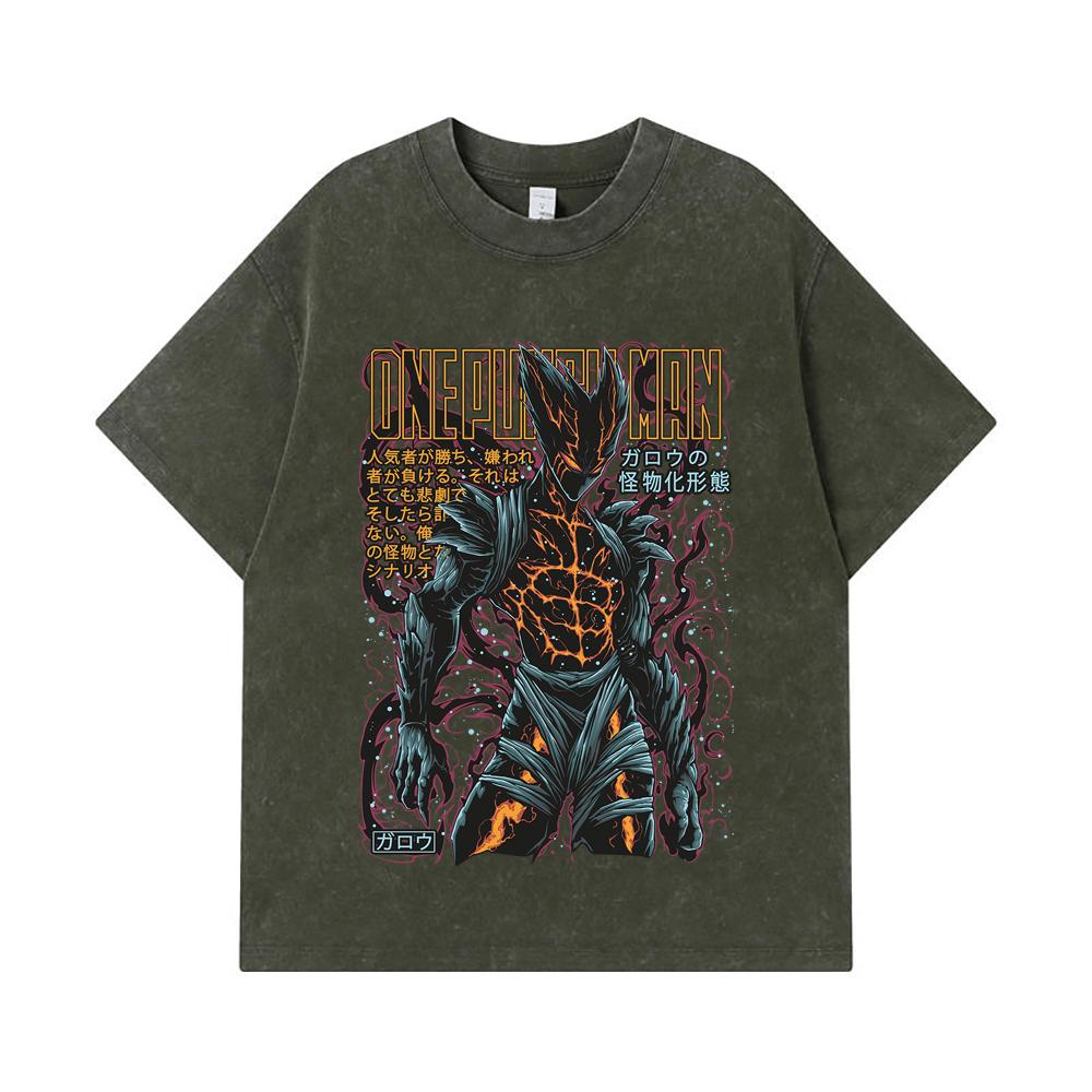 275 GSM Washed T-shirts 100% Cotton One Punch Man V8 Garou Print Unisex Heavy Cotton T Shirt