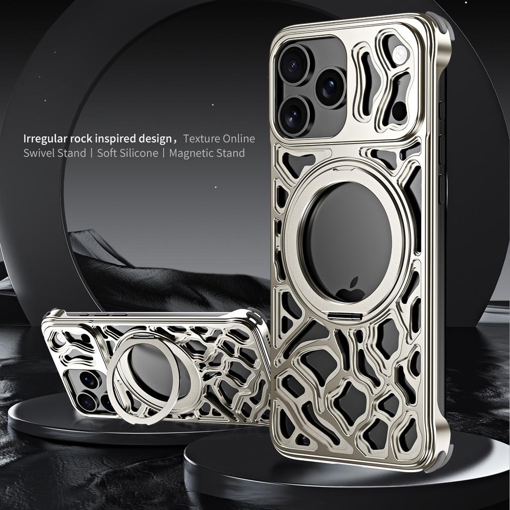 For iPhone 17 Pro Max Bumper Case Alloy Metal Borderless Back Cover with Magnetic Kickstand