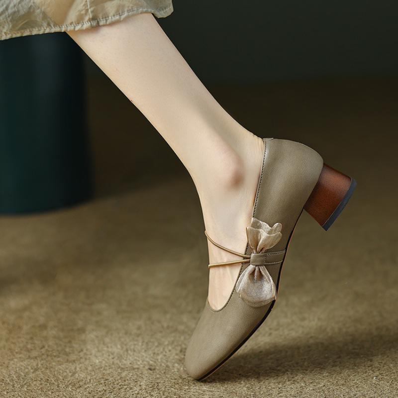 2024 Осенние ретро-туфли Мэри Джейн с завязками-бабочками, женские туфли на толстом каблуке с круглым носком, повседневные элегантные туфли-лоферы с неглубокой подошвой для женщин