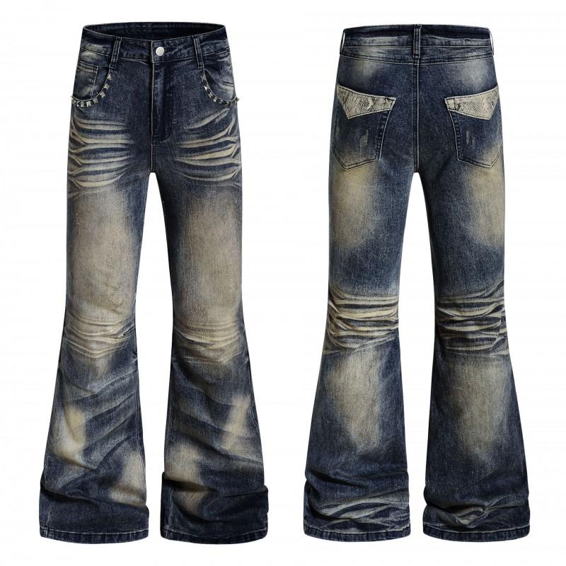 Distressed Slim Fit Flared Jeans Men Women Rivet Detail Washed Cotton Mid-Rise Streetwear Style