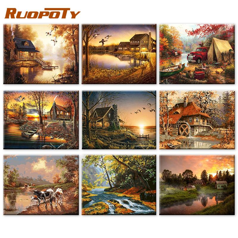 RUOPOTY Цифровая живопись Осенний пейзаж Wall Art Уникальный подарок DIY Рамка Украшение дома Ручная роспись Раскраска Гостиная
