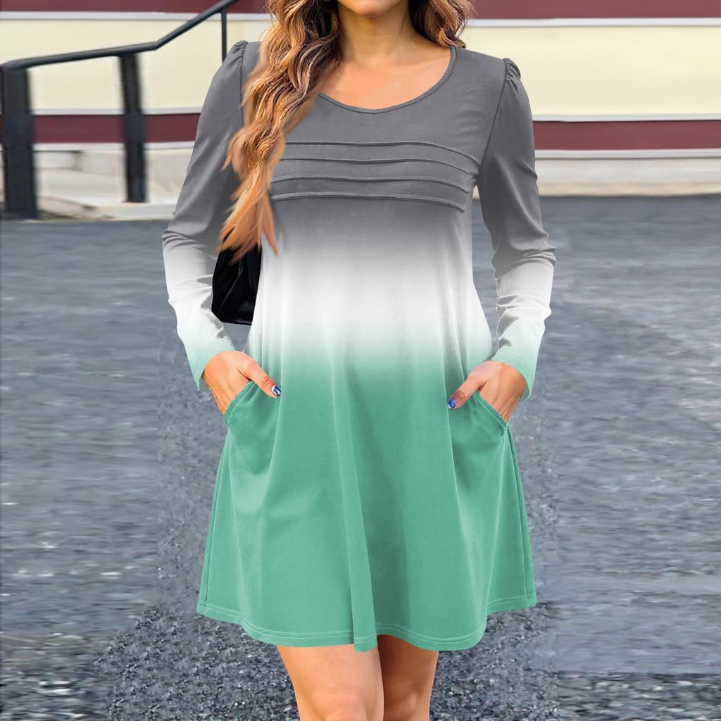 Женское платье с длинным рукавом, осеннее повседневное, футболка, свободного кроя, с плиссировкой спереди, платья с карманами