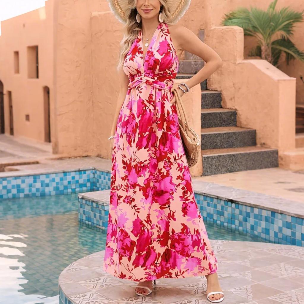 Женское темпераментное платье с принтом на шее в стиле бохо. Пляжное платье макси.