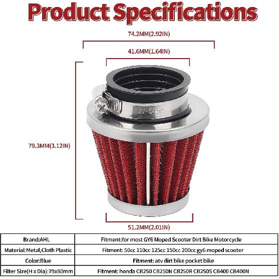 AHL Red 42Mm Universal Air Filter Fit For Pod / 150Cc-250Cc Motorcycle Scooter ATV Dirt Bike/50Cc 70Cc 90Cc 110Cc 125Cc Coolster Tao Tao Sunl/Quad Go