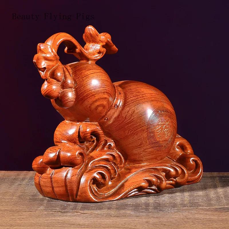 Classical and Creative Solid Wood Carving Gourd Decorations, Home Living Room, Mahogany Ruyi Handicrafts Home Decoration Statue