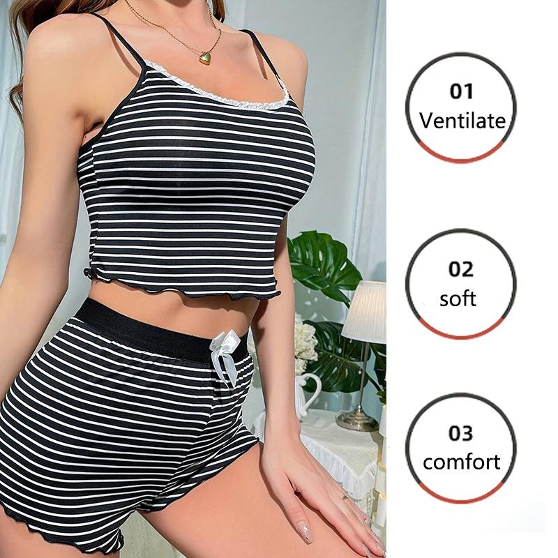 Ladies Pyjamas Sexy Striped Wearable Homewear Halter Nightgowns Women Shorts Set Black Sexy Road Shoulder Halter Shorts Sports