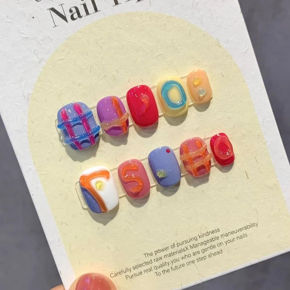 Cute Japanese Short Handmade Press On Nails Reusable Fake Nails With Glue Acrylic Art Tips For Girls