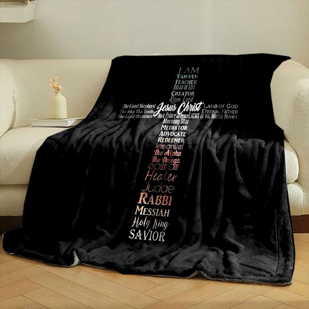 Text forms a cross, featuring titles and names associated with Jesus Christ. for all seasons blanket lunch break throw gift