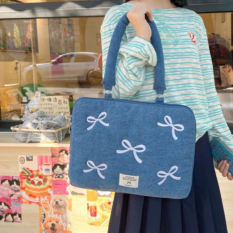 Shockproof Laptop Bag Korean Style Heart Embroidered Design With Polyester Lining Comfortable Shoulder Strap Personality Cute Bow Shoulder Tote Bag