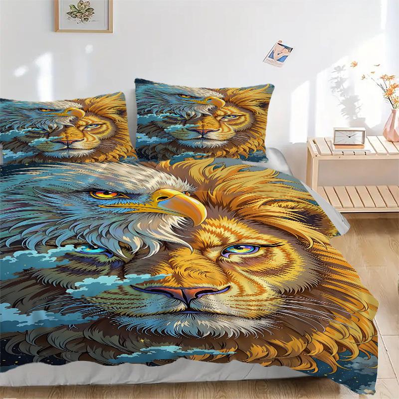 3pcs Eagle Lion Artwork Bedding Set - 1 Duvet Cover + 2 Pillowcases(Core Not Included), Machine Washable Polyester yy251216111