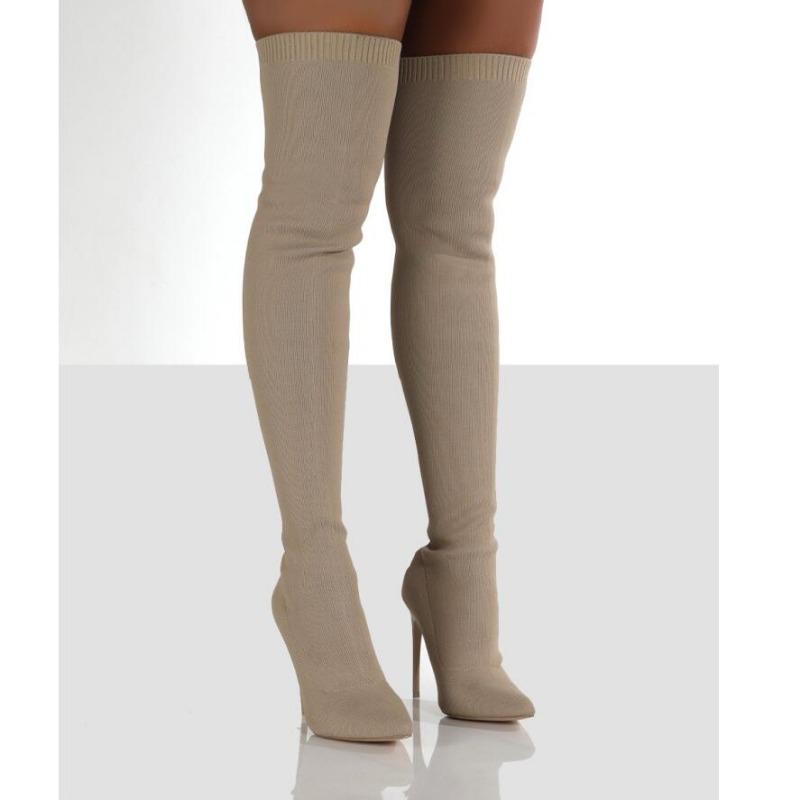 Sexy Pointed Toe Thin High-heeled Over-the-knee Knitted Boots for Women's Knitting Stretch Socks Boot Luxury Shoe Autumn Winter