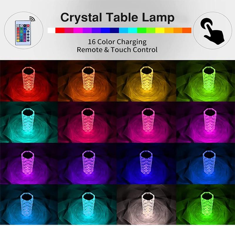 LED Rose Lamp Crystal Table Lamp 3/16 Colors Touch/Remote Diamond Romantic Christmas USB Party Night Light Projector Light