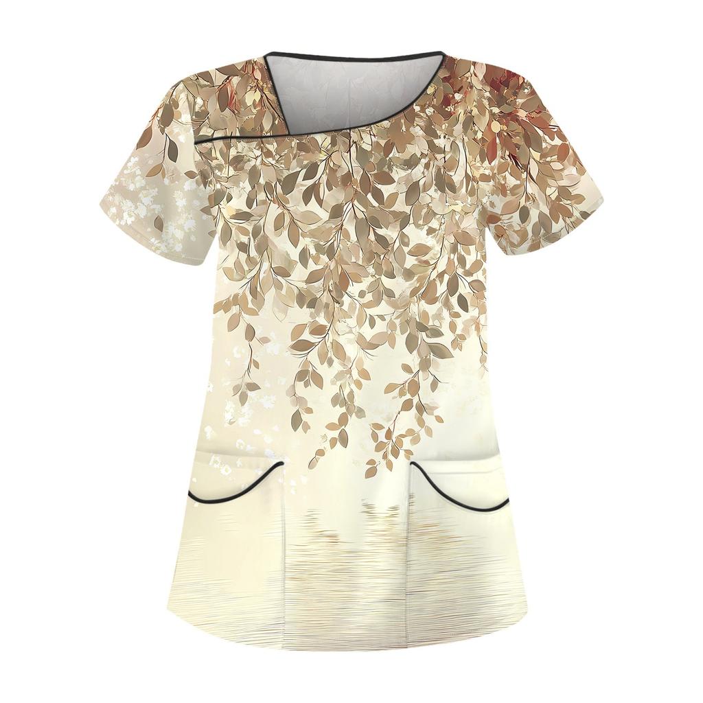 Женская повседневная рабочая одежда с короткими рукавами и наклонным воротником с принтом и двойными карманами