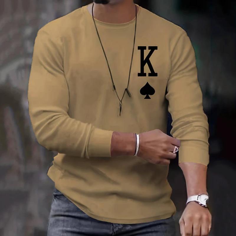 2025 Новое поступление Модные мужские футболки с длинным рукавом с принтом покера Свободные топы с круглым вырезом Оверсайз Повседневная футболка для мужчин