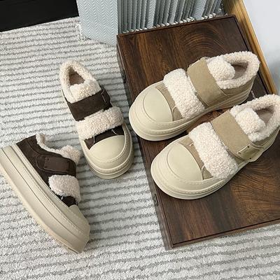 Кожаные туфли на липучке женские 2025 зима новые на толстой подошве бархатные хлопковые туфли повседневные маленькие белые туфли универсальная обувь детская