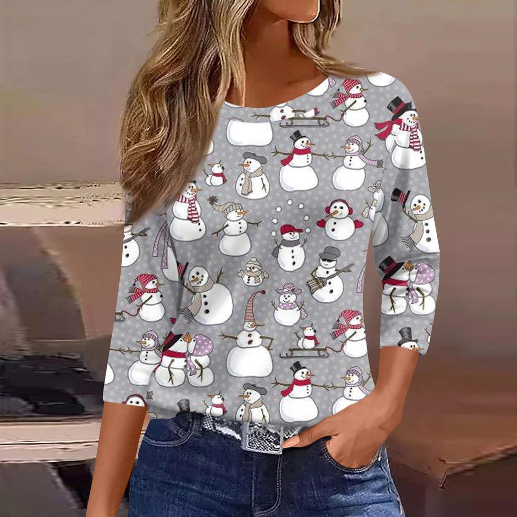 Женские топы, рубашка с семью рукавами, свободная футболка с круглым вырезом и принтом рождественского снеговика и елки