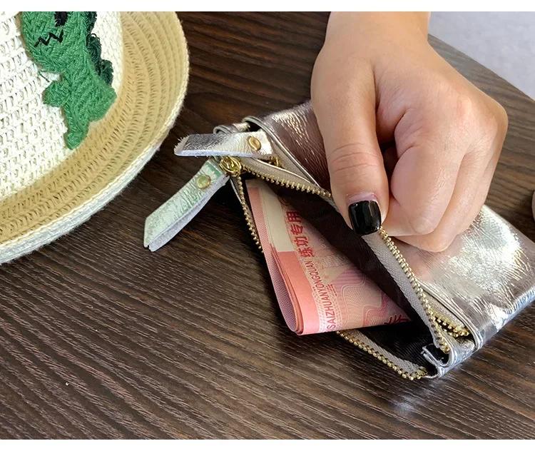 Кошелек из натуральной коровьей кожи, женский кошелек для монет, мешочек для денег, зажим, серебристый, модный, женский кошелек, держатель для кредитных карт, маленькие женские сумки-кошельки на молнии, мешочек