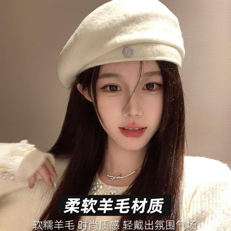 Белый шерстяной берет шерстяная шляпа осень и зима женская универсальная для маленького лица шляпа художника женская с высоким чувством