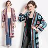 Spring Autumn Bohemian Cutout Long Sleeve Shawl Cardigan Vintage Print Long Open Front Blouse