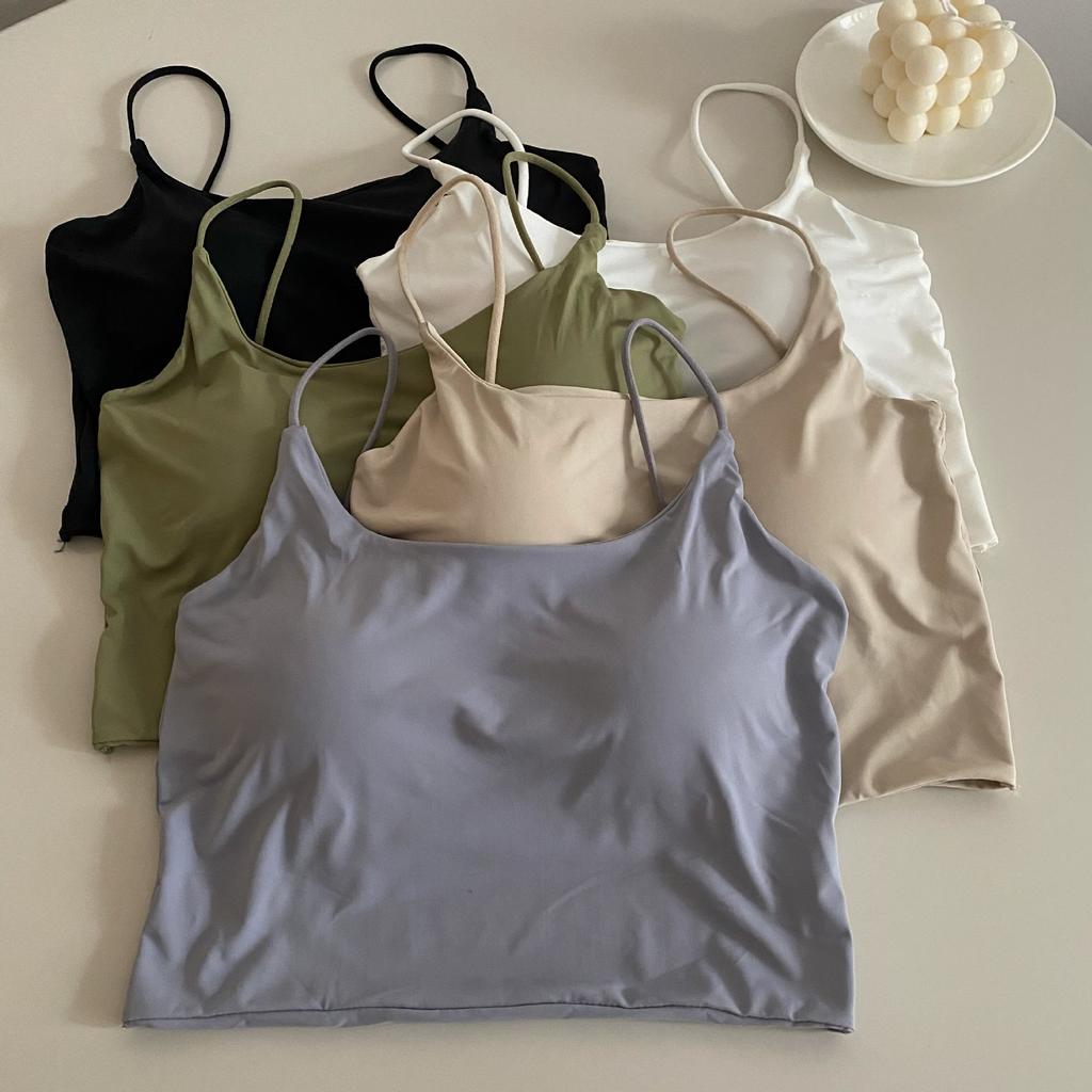 Ice Silk Halter Small Tank Top Women Summer Free Bra with Sexy Breast Pads White Spice Short Wear Top