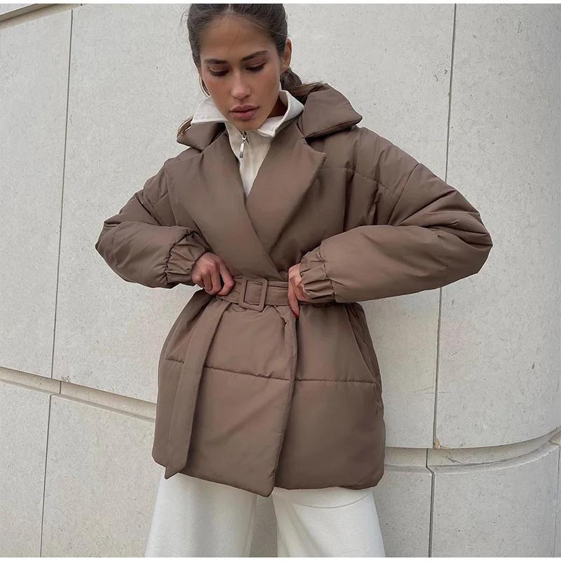 Belt Solid Color V Neck Women Coat Long Sleeve Thicken Female Jacket Winter Autumn Lace Up Pocket Fashion Lady Outwear