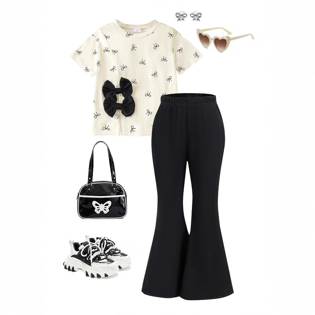 Модный комплект для девочек 2025 Лето Детский повседневный комплект футболка с коротким рукавом с принтом бантика + расклешенные брюки