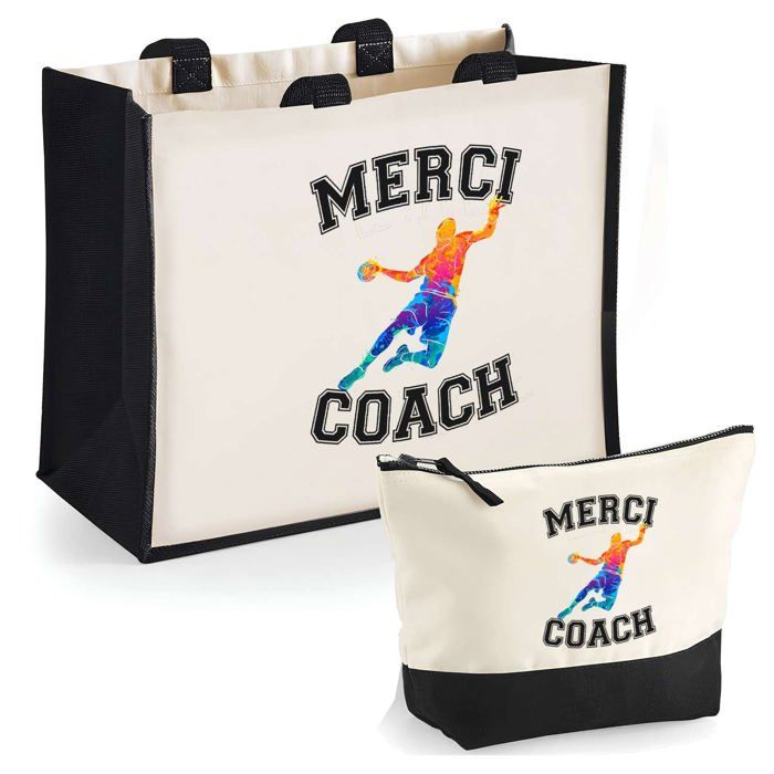 Coffret - PLANETEE - Duo cabas jute et trousse - Merci Coach Handball - Jute & coton - Fabriqué en France